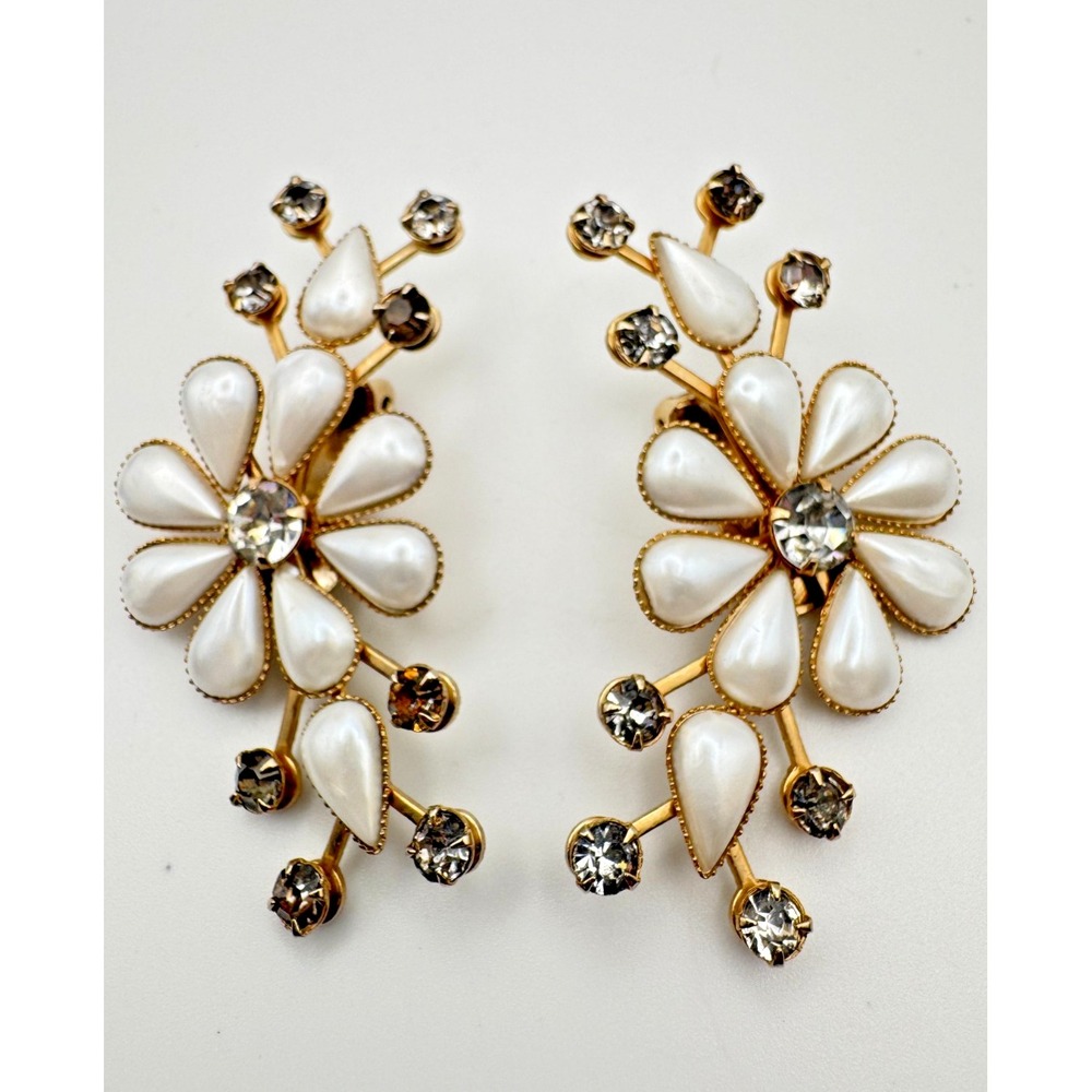 Vintage Leru Earrings White Cabochon Rhinestone Flower Ear Climber Clip On